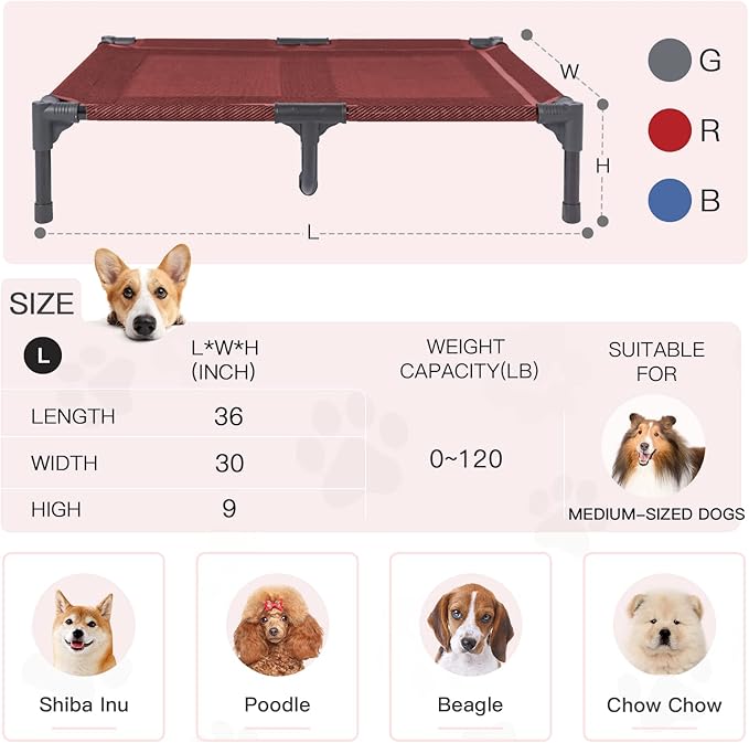 suddus Elevated Dogs Bed Waterproof Outdoor, Portable Raised Dog Cot, Dog Beds Off The Floor, Dog Beds Easy Clean Indoor or Outdoor Use, Large, Red