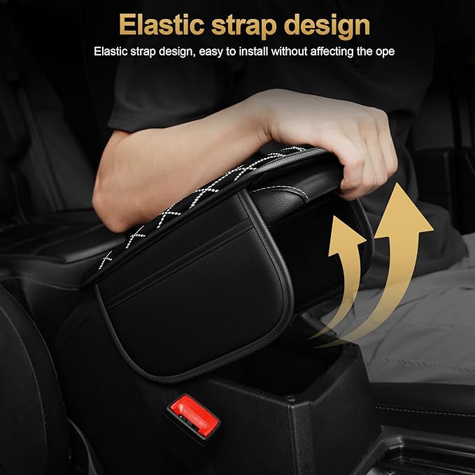 Center Console Cover Fit for Civic: Upgraded Bling Diamond Car Armrest Cover - Crystal Rhinestone Car Center Console Cover with 2 Storage Bags,Anti-Scratch Auto Armrest Pad Accessory （Black