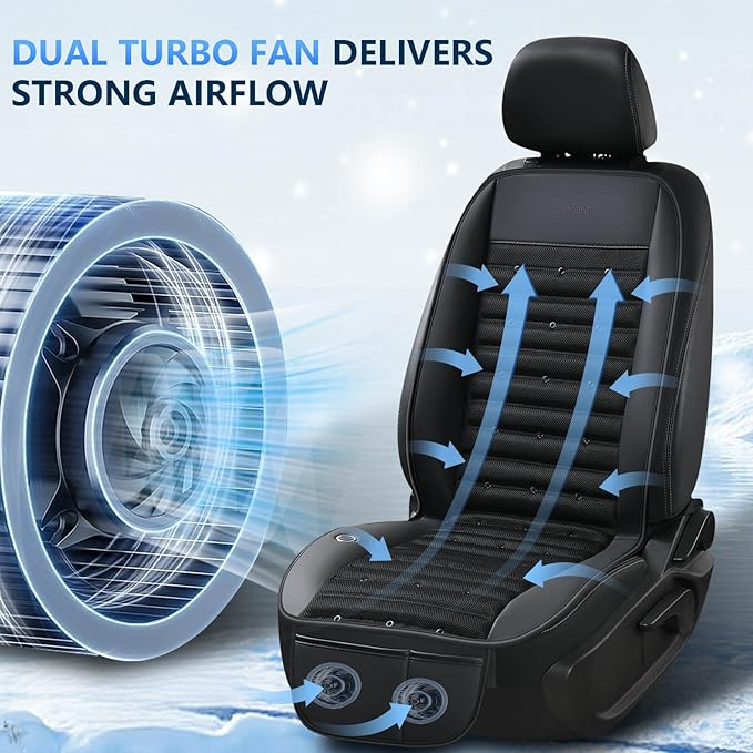 FLORICH Cooling Car Seat Cover, 12V-24V Ventilated Seat Cushion Cooling Car Seat Pad for Summer Driving with 2 Powerful Turbo Fans 3-Speed Temperature Adjustable Universal Fit for Car SUV Truck Van