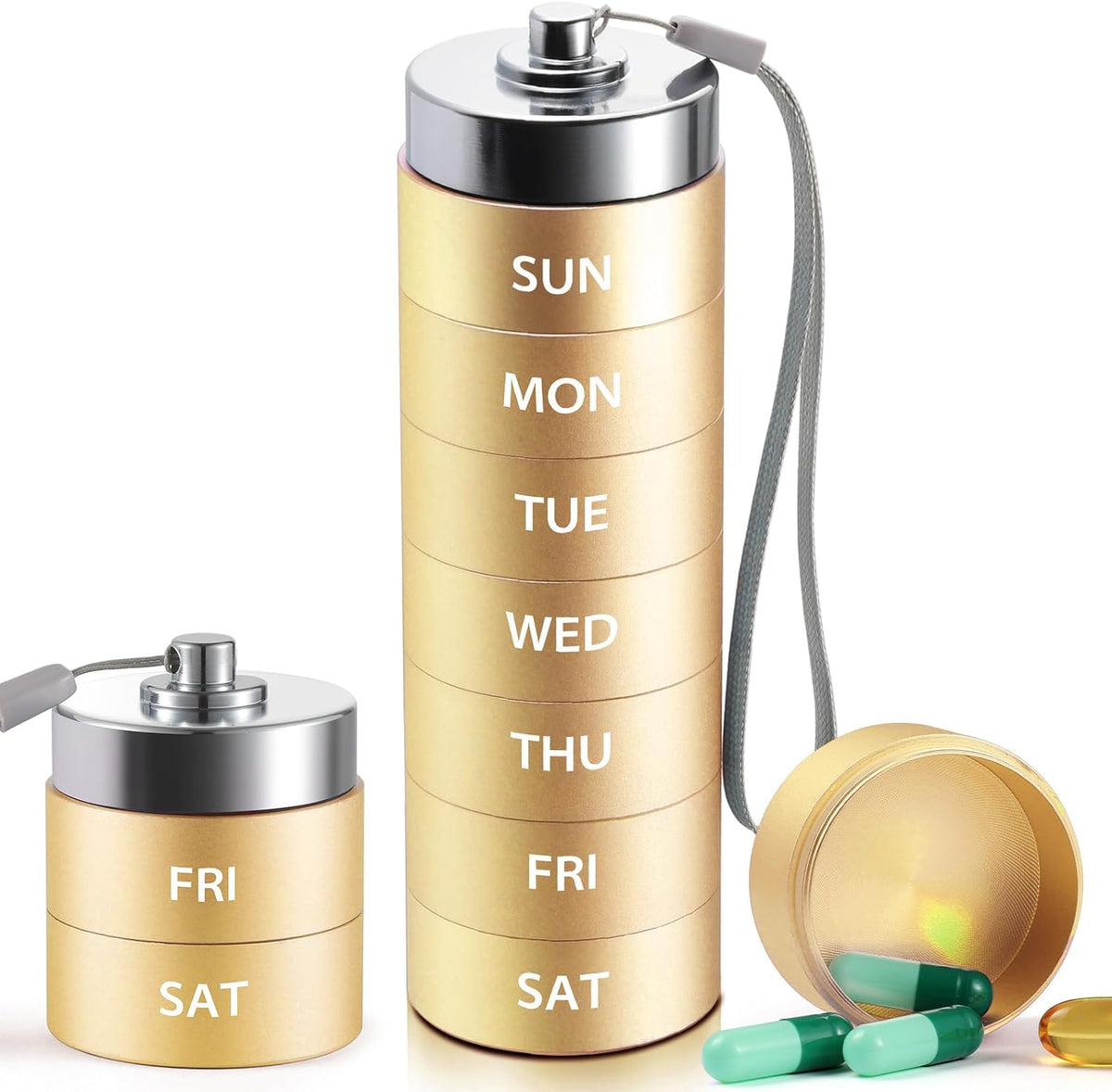 Metal Travel Pill Organizer, Large Weekly Pill Box, Portable Aluminum Alloy Waterproof Container, 7 Day Daily Medicine Organizer Holder for Vitamin, Fish Oil, Supplement, Gold