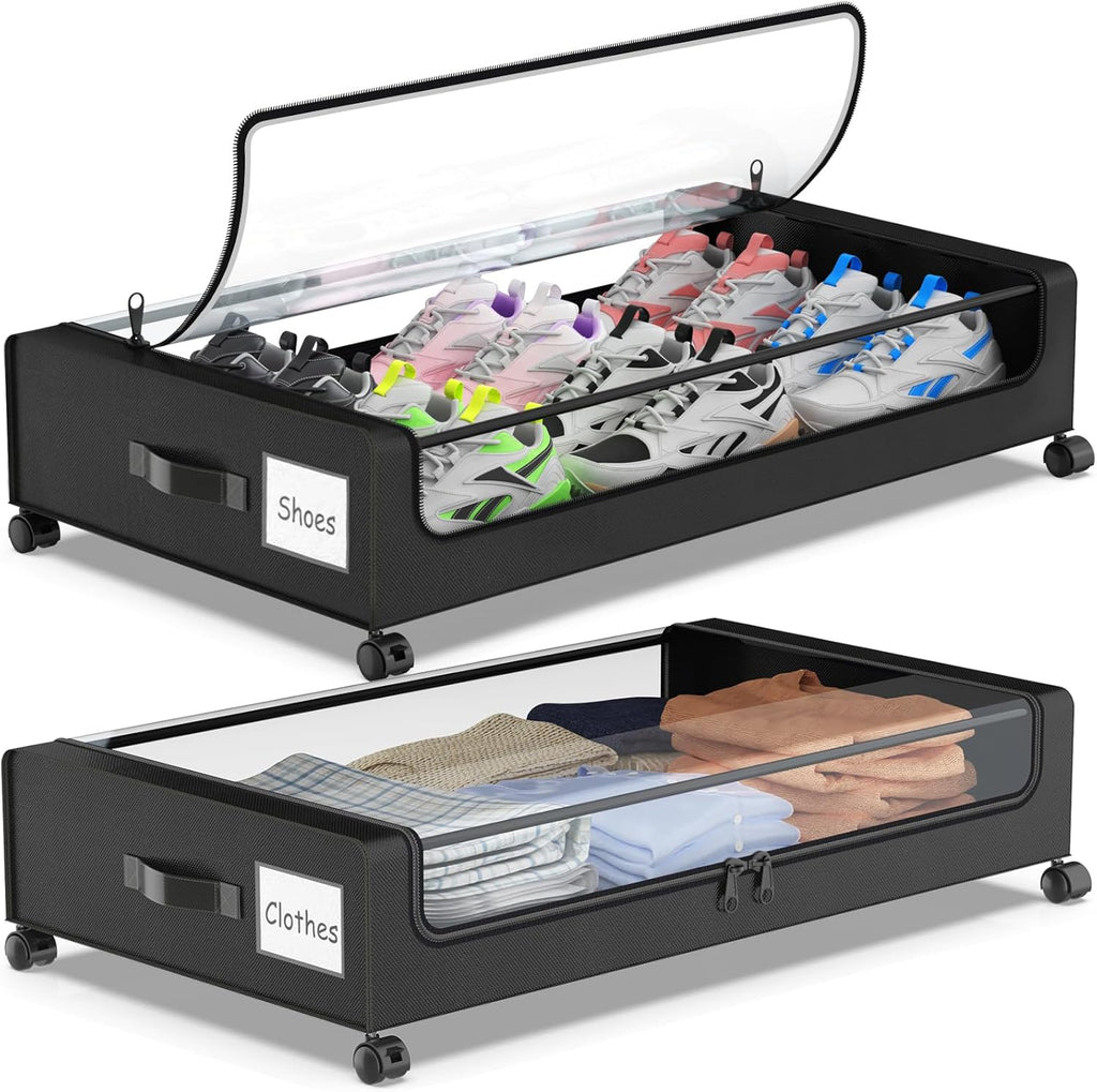 Under Bed Storage with Wheels, 2-Pack Underbed Storage Containers with Clear Lids, Under Bed Shoe Storage Organizer, Rolling Under the Bed Storage Bins for Clothes Shoes Blankets (Black)