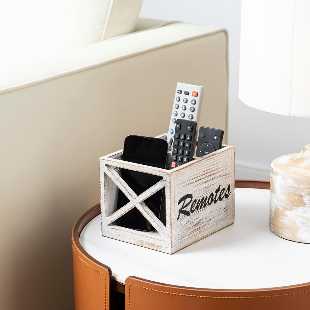FARM IN Remote Control Holder,TV Remote Holder,Remote Caddy,Solid Wood Remote Control Holder with Cursive Letters Design, Whitewashed Solid Pine Wood with Black Cursive Letters Remotes