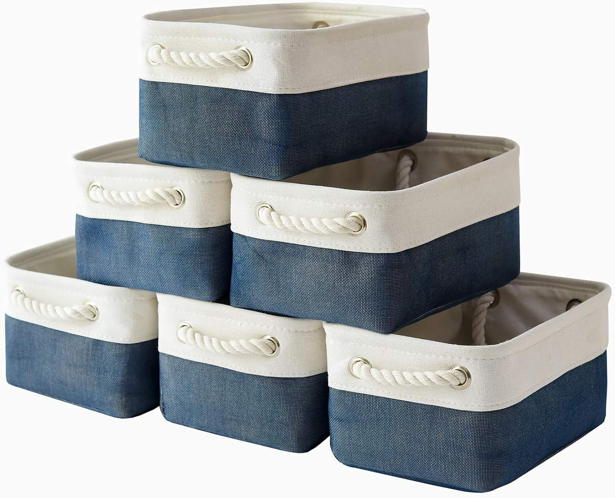Storage Basket for Organizing - 12x8x5.2 inch Small 6 Pack Fabric Storage Bin Collapsible Baskets for Shelves with Rope, Storage Box for Cloth Decorative Laundry Canvas(White & Blue)