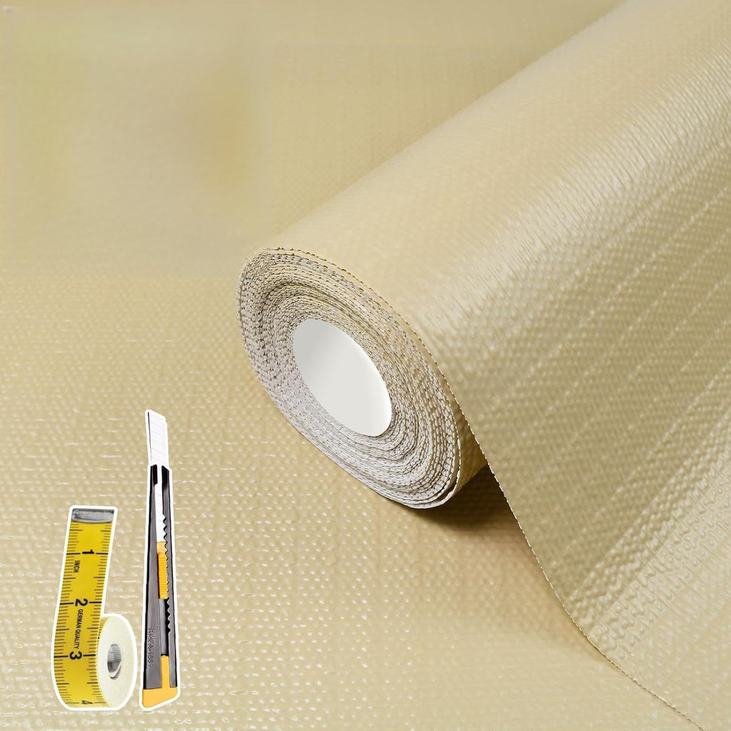 Shelf Liners for Kitchen Cabinets 12in x 20FT, Non Adhesive Drawer Liner Pure Beige Thickened Shelf Liner Non-Slip Easy to Clean for Tool Box Refrigerator with Knife and Tape Measure
