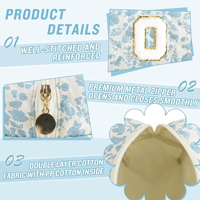 Personalized Quilted Cosmetic Bag, Puffy Monogrammed Christmas Birthday Gifts for Women & Girls, Cute initial Floral Makeup Bag Puffer Coquette Bag, Aesthetic Travel Toiletry Zipper Pouch(Blue,O)