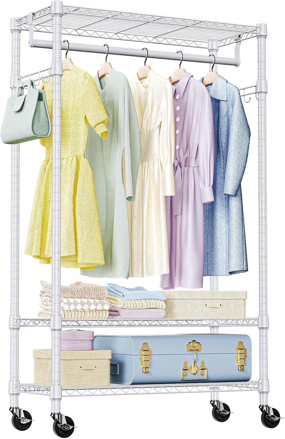 IZEUK Heavy Duty Rolling Garment Rack with 3 Adjustable Wire Shelves, Hanging Rod & Side Hooks - Mobile Clothes Rack with Wheels, 29.5" W x 15.7" D x 75" H, White