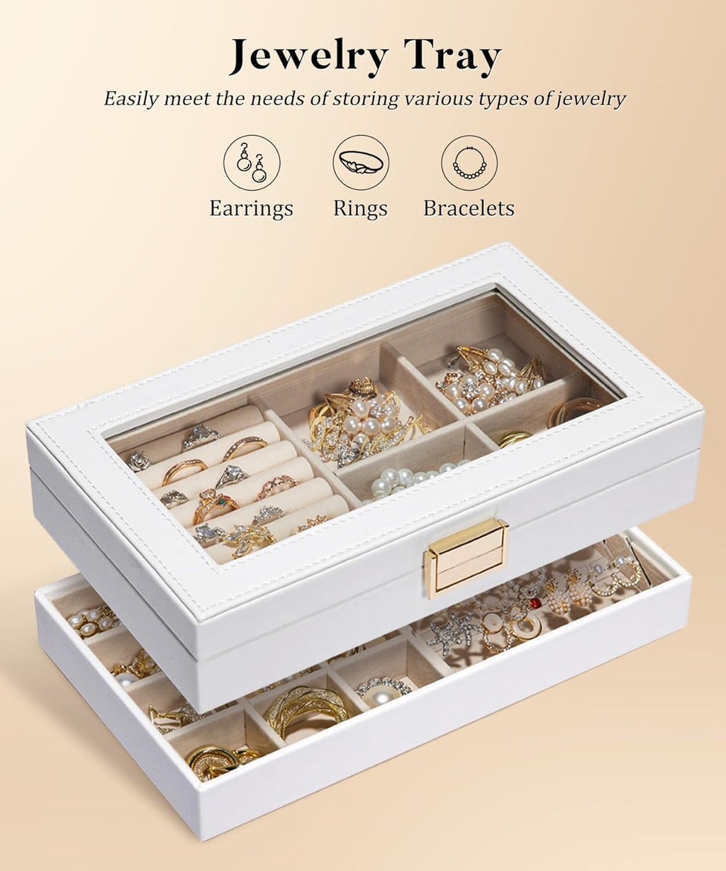 Homde Jewelry Tray Stackable Jewelry Box with Glass Lid, Removable Dividers for Vanity Table Gift Idea for Girls and Women (White)