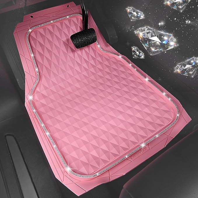 CAR PASS Bling Diamond Rubber Car Mats, Heavy Duty Deep Dish All-Weather Floor Mat Full Set Anti-Slip 3D Rhombus Waterproof Trim Fit Liner Universal Glitter Sparkly Shining Rhinestone, Pink Rubber