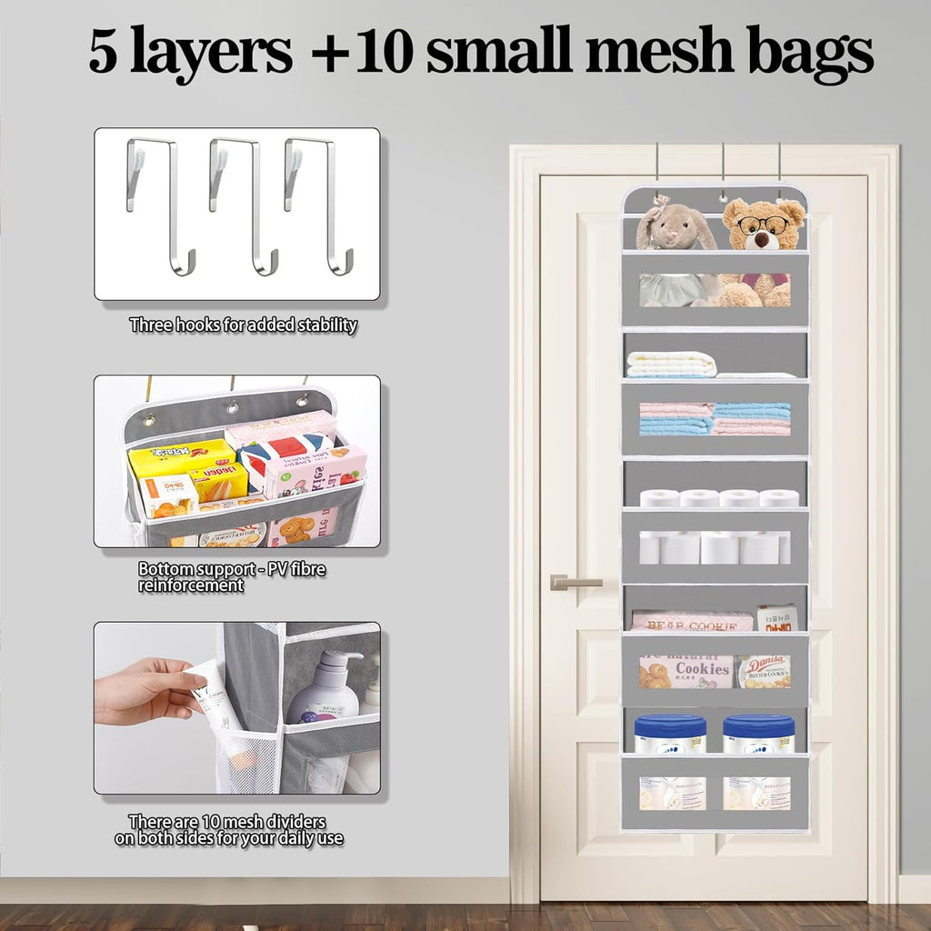Over The Door Organizer, 5 Shelves Closet Door Hanging Organizer with 10 Mesh Pockets, Nursery Closet Organizer, Baby Essentials, Dorm Room Essentials for Girls
