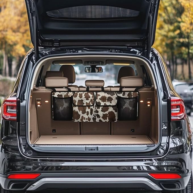 SEANATIVE Brown Cow Car Trunk Organizer, Backseat Hanging Storage with 4 Large Pockets, Collapsible Cargo Bag with Adjustable Straps Frees Trunk Floor, Suit for SUV, Truck, Van