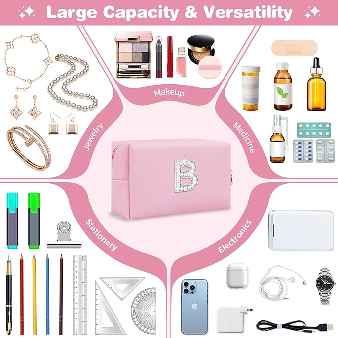 ChaoGreat Bride Gifts – Personalized Initial Makeup Bag with Pearl Rhinestone Patch, Preppy Pink Monogram Cosmetic/Toiletry Pouch, bridesmaid Gifts, Bridal Shower Gifts, Wedding Gifts, Bridal Gifts,B