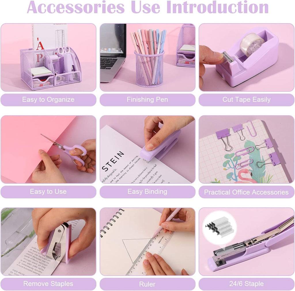 Purple Mesh Desk Organizer and Accessories, Purple Office Supplies 7 Compartments Desk Organizer with Stapler,Tape Dispenser,1000 Staples,Pen Holder,Staple Remover,Clips,Ruler,Scissors