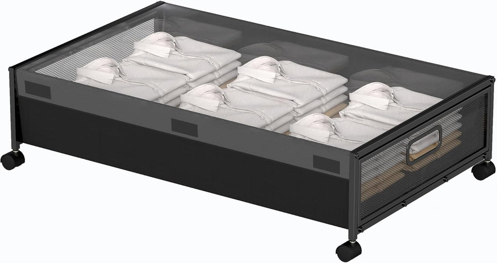 QUELIEN Under Bed Storage with Wheels – Large Rolling Underbed Storage Containers and Drawers, Shoe Organizer Box for Clothes, Toys, Blankets (Black, 1 Pack)