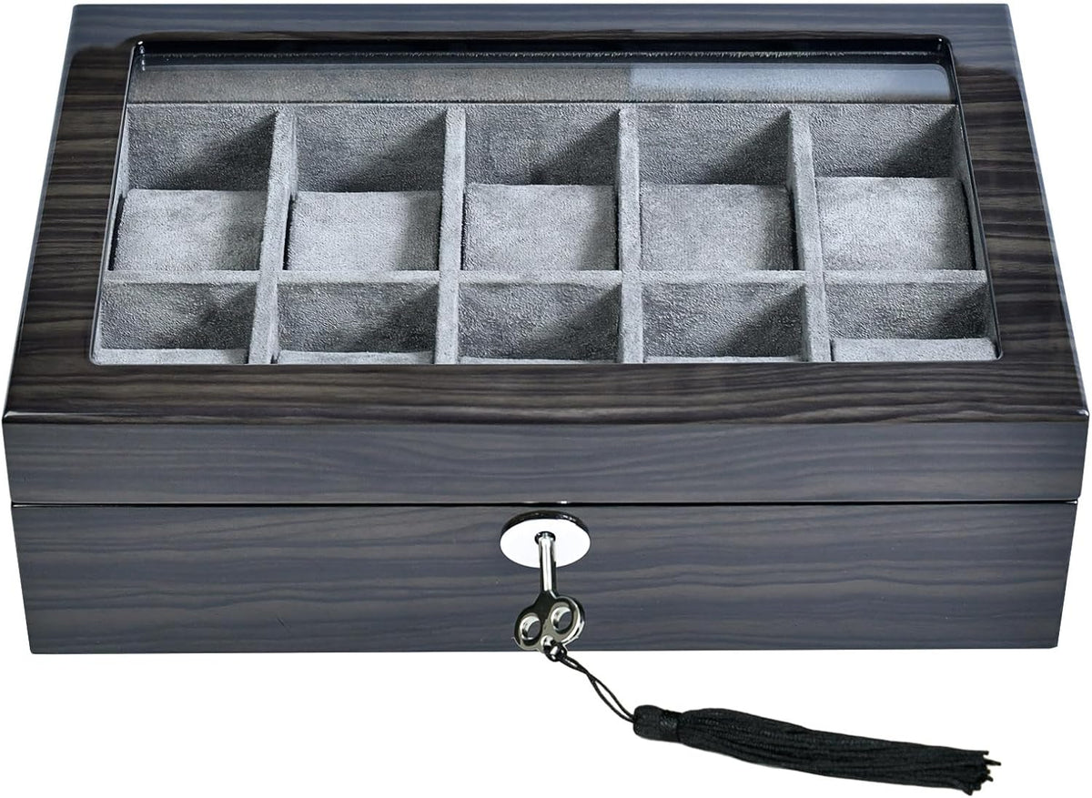 Watch Box for Men 10 Watches Storage box&Organizer Smart Watch Display Case - Ebony Wood with Soft Velvet Interior-Large Glass Window-Gift for Women and Man (10W-GYG)