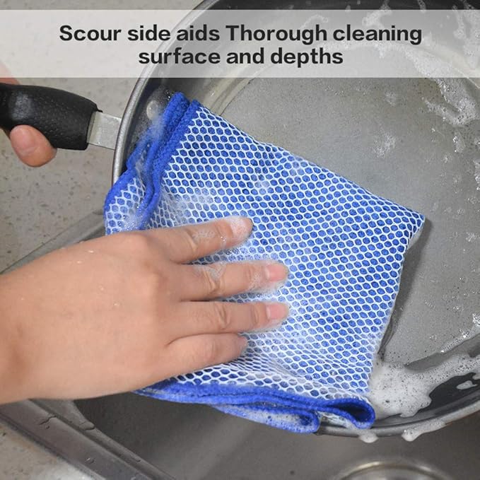 SINLAND Microfiber Dish Cloth for Washing Dishes Best Kitchen Washcloth Cleaning Cloths Poly Scour Side 12inchx12inch 5 Pack (Blue+White+Grey+Brown+Black)