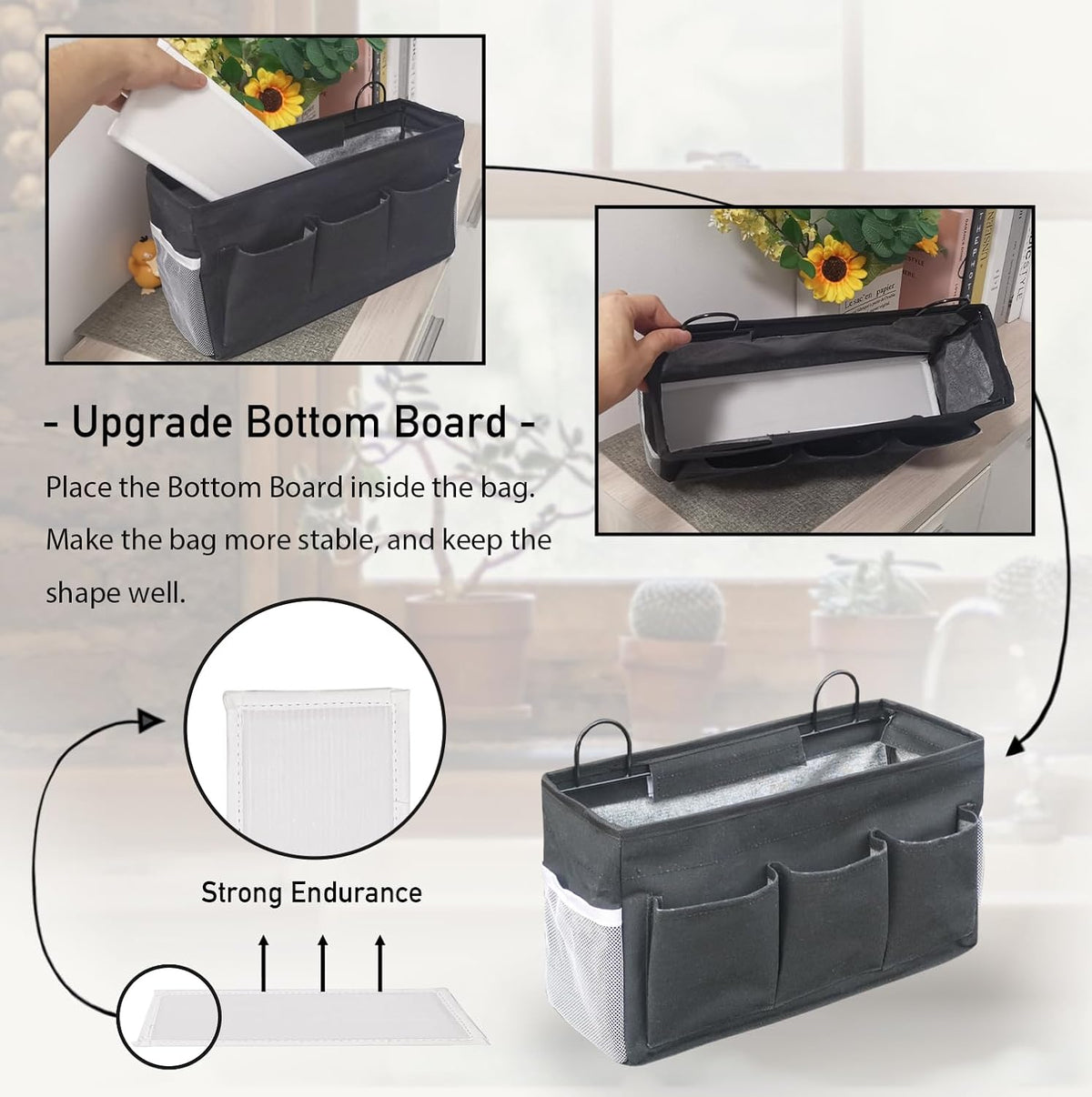 2pcs 3-pockets Large Wall Hanging Organizer Bag, Linen Fabric Door Hanging Storage Baskets with Pockets, Waterproof Bin for Kitchen, Bedroom, Office, RV Camper (Black-2pcs)