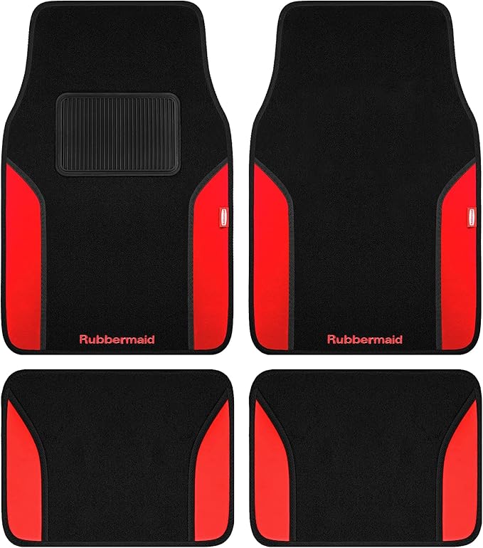 Rubbermaid Car Mats, Carpeted Floor Car Mat with Faux Leather & Built-in Heel Pad, Two-Tone Car Rug Floor Mats, Stylish Carpeted Floor Mats for Cars, Trucks & SUVs Red Color