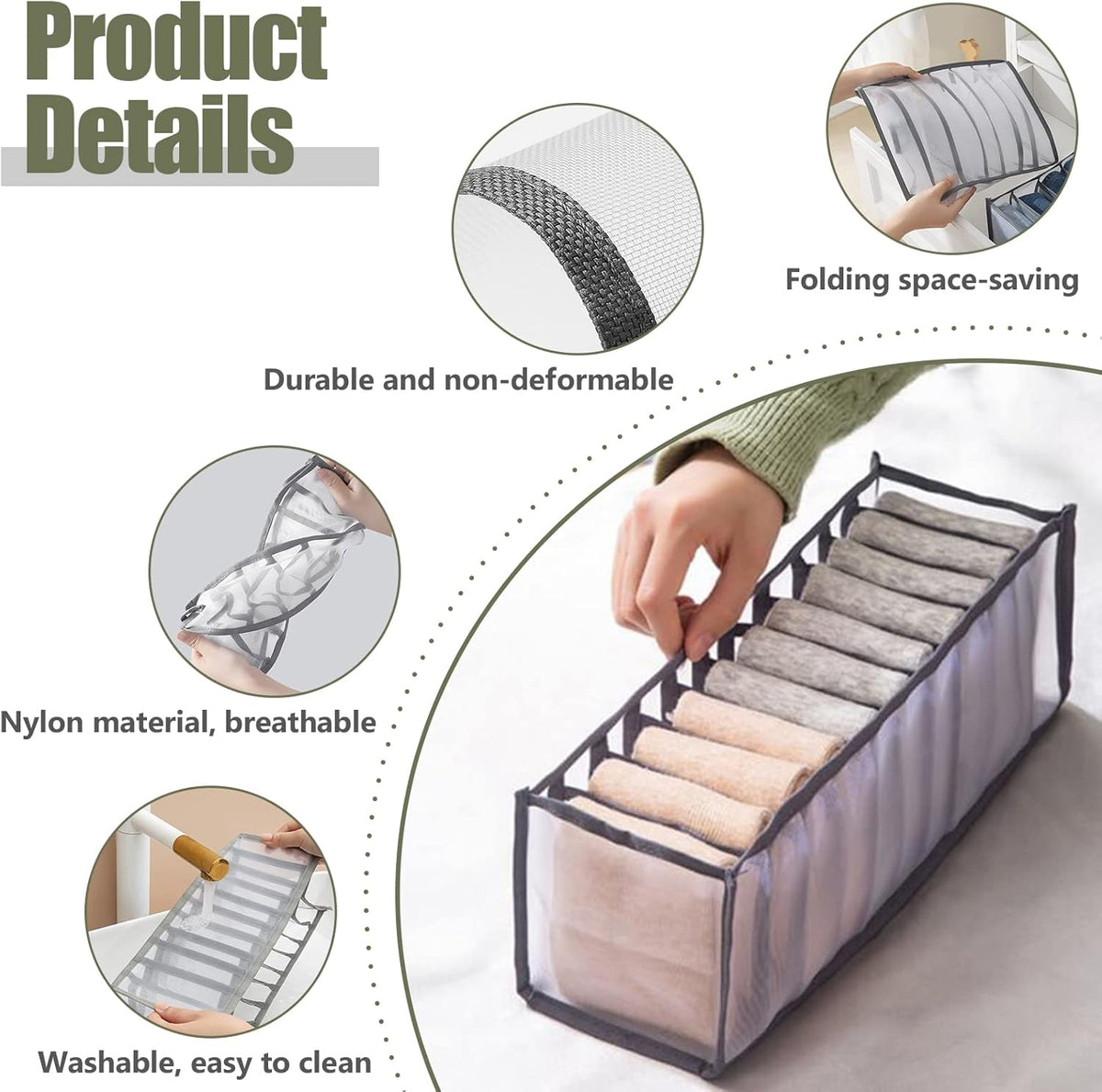 TOOVREN Socks Organizer 2 Pack, sock drawer organizer, sock drawer organizer divider, Cabinet Closet Organizers and Storage, Mesh Foldable Compartment Boxes for Storing Socks, Underwear, Ties, Panties