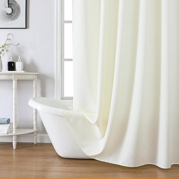 meioro Ivory Shower Curtain, Waffle Weave 256GSM Heavy Duty Textured Fabric Shower Curtains for Bathroom Hotel Spa, Luxury Weighted Polyester Cloth Bath Curtain Set with 12 Hooks, 72Wx96H