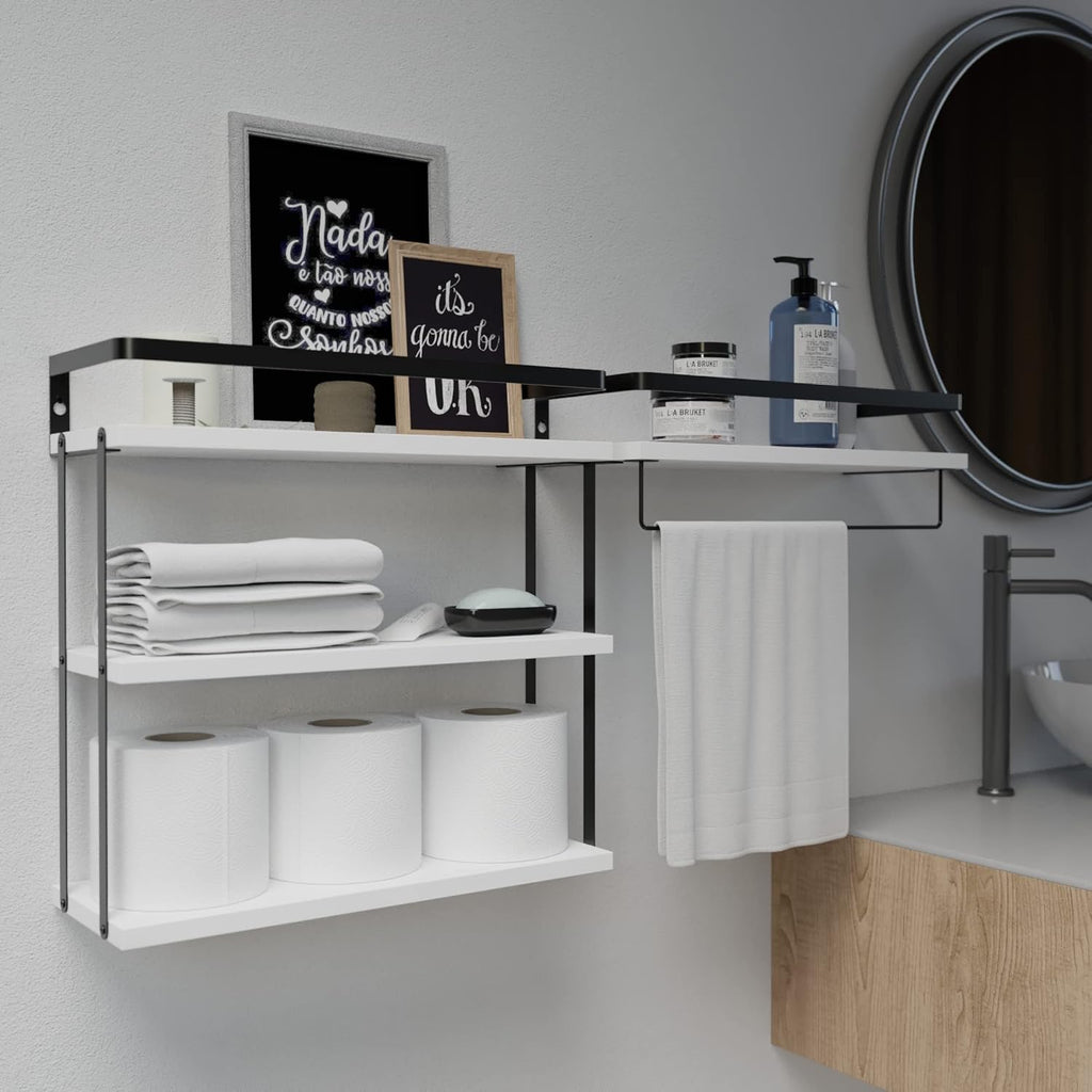 RICHER HOUSE 3+1 Tier Wall Mounted Floating Shelves Set of 2, Rustic Wood Wall Shelf with Metal Frame, Extra Storage Rack for Bathroom, Kitchen, Bedroom with Tissue Rack & Towel Bar - White