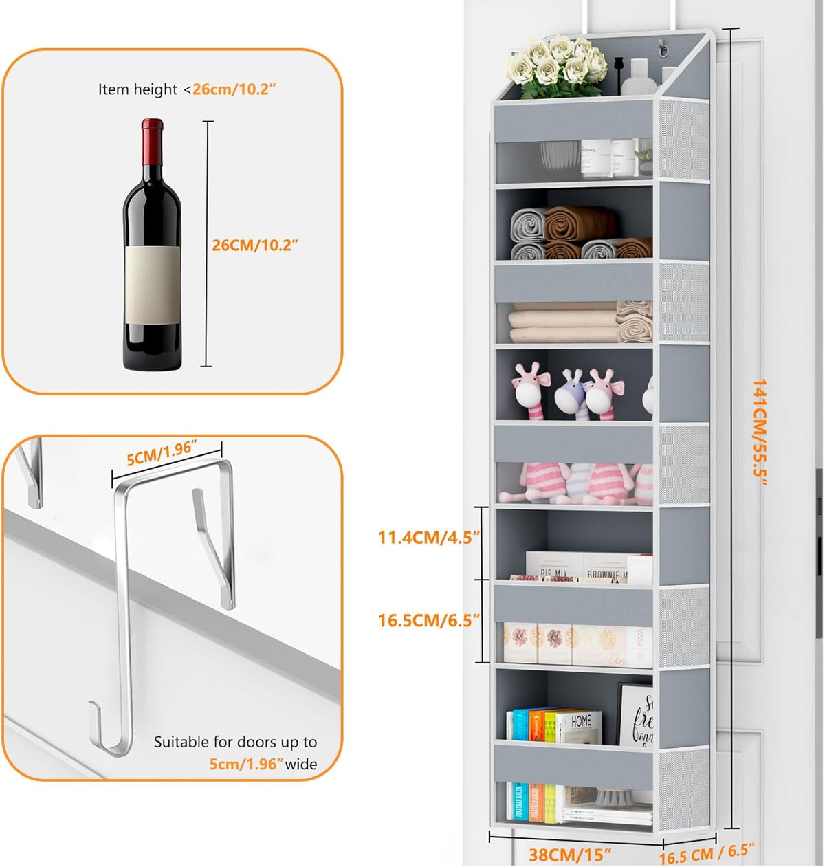 Over The Door Organizer - Over Door Storage Organizer with 5 Large Pockets & 10 Mesh Side Compartments - Heavy-Duty Hanging Storage for Bathroom, Bedroom & Closet - Baby Room Organize Solution