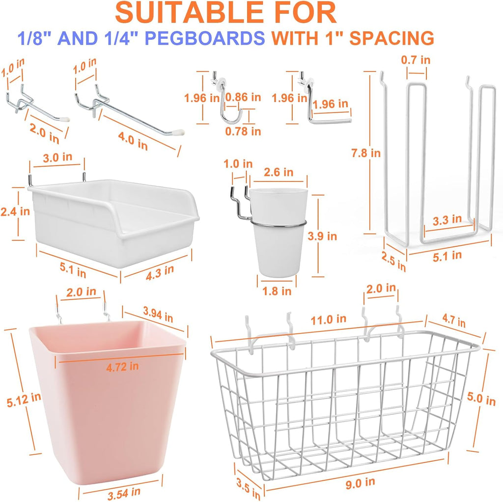 Pegboard Basket Organizers, Peg Board Large Baskets Hooks Bins Cups Tool Organizer 42 Pack Set, Wall Storage Display Hanging Accessories for Craft Office Stadio Shed Garage Organization (White & Pink)