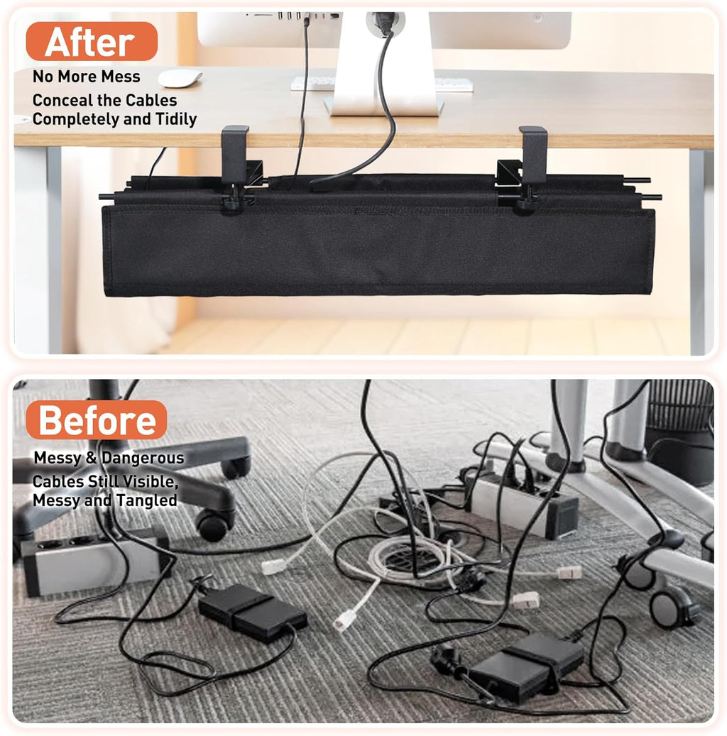 MAXECHO Under Desk Cable Management Tray 28" - Clamp on Wire and Cable Organizer for Storage and to Hide Cords - Ideal for Home Office - Premium Black Fabric Design