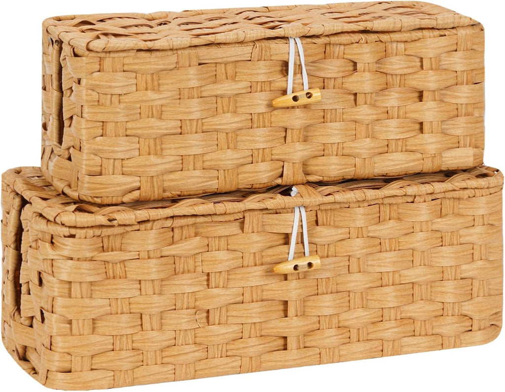 Temary Cable Management Box with Lids, 2-Pack Handmade Cable Organizer Boxes for Home, Office to Hide Cords and Power Strip, Cord Cover Floor Hider Set Woven Rattan Cable Organizer Box