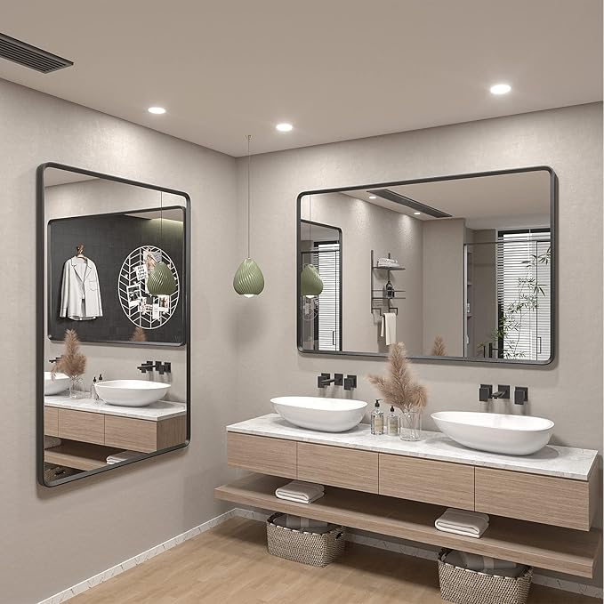 55x30 Black Matte Mirror for Bathroom, Large Rounded Mirror for Bathroom