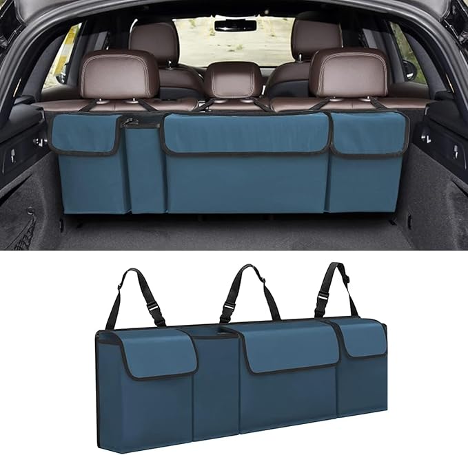 Car Trunk Organizer, Backseat Hanging Large Storage with Adjustable Straps,Waterproof PVC Collapsible Cargo Bag, Car Interior Accessories for Auto SUV MPV (Blue)