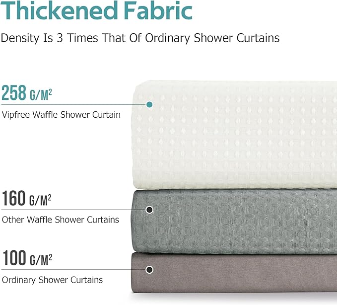 Vipfree 3 in 1 Shower Curtain Set, Waffle Shower Curtain and Liner Set with 12 Double Sided Shower Curtain Hooks, 258GSM Luxury Weighted Cloth Shower Curtains for Bathroom, 72 W x 84 H, Cream