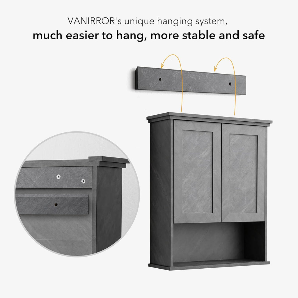 Bathroom Wall Cabinet Over Toilet Storage Cabinets 25x30 in Above Toilet Wood Medicine Cabinets for Bathroom Wall Mounted Cabinet with 2 Door & Adjustable Shelf Texture Grey