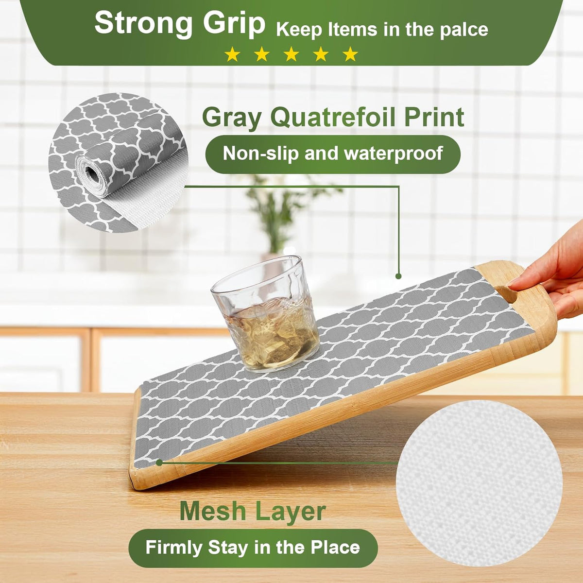 Moriah Shelf Liner for Kitchen Cabinet Non-Adhesive, Thickened Drawer Liner No Slip for Dresser Waterproof Cabinet Paper Liner for Bathroom Shelves Protects Surfaces(Grey,24'' x 10')