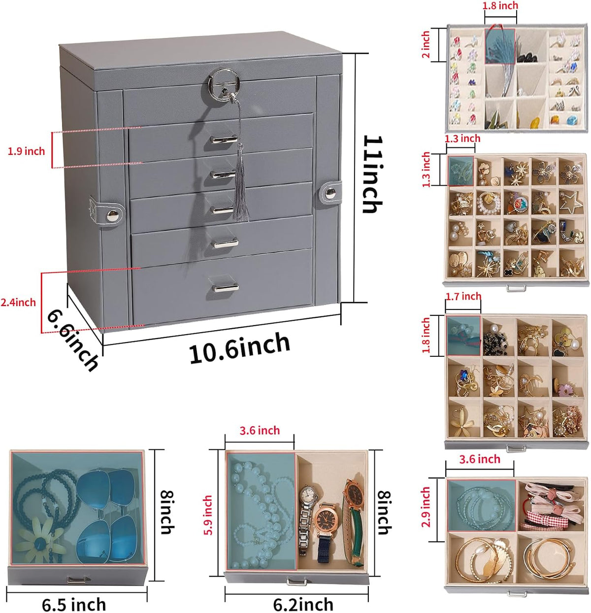BOOVO Jewelry Box For women, 6 Layer Large Jewelry Organizer With Mirror, Multi-Function Storage Box With Lock, Accessory Holder With 5 Drawers, For Earrings Necklace Ring Bracelet (Gray)