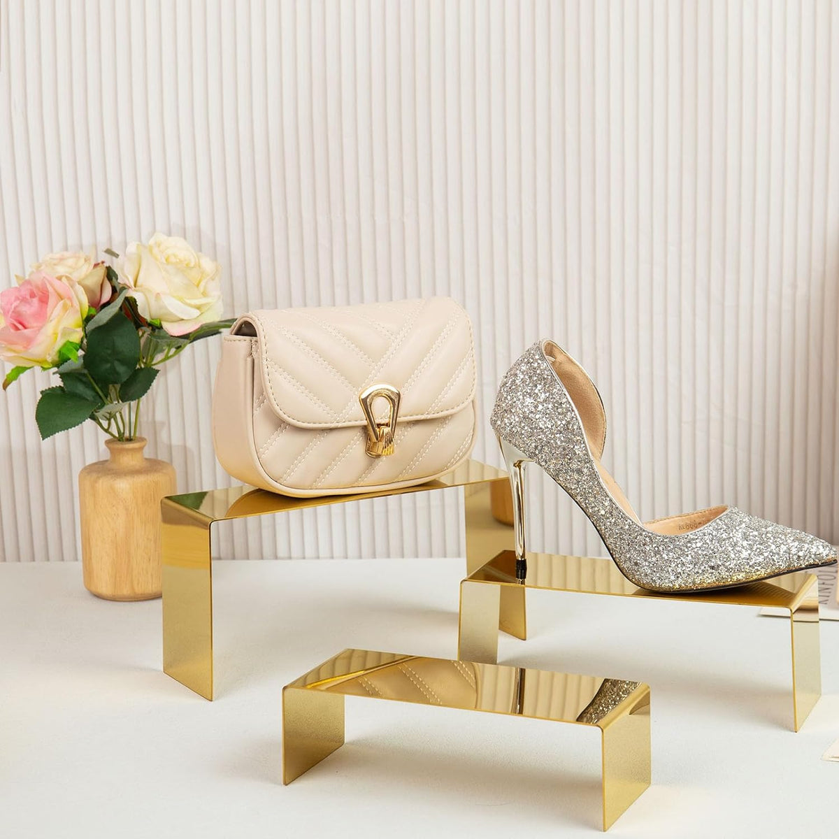 Purse Display Stand, 3 Gold Risers Display Stands Stainless Steel, Heavy Duty Countertop Shoes Stand Handbag Holder Risers for Home Boutique Retail Store Vendor Display Bags Perfume Jewelry Craft