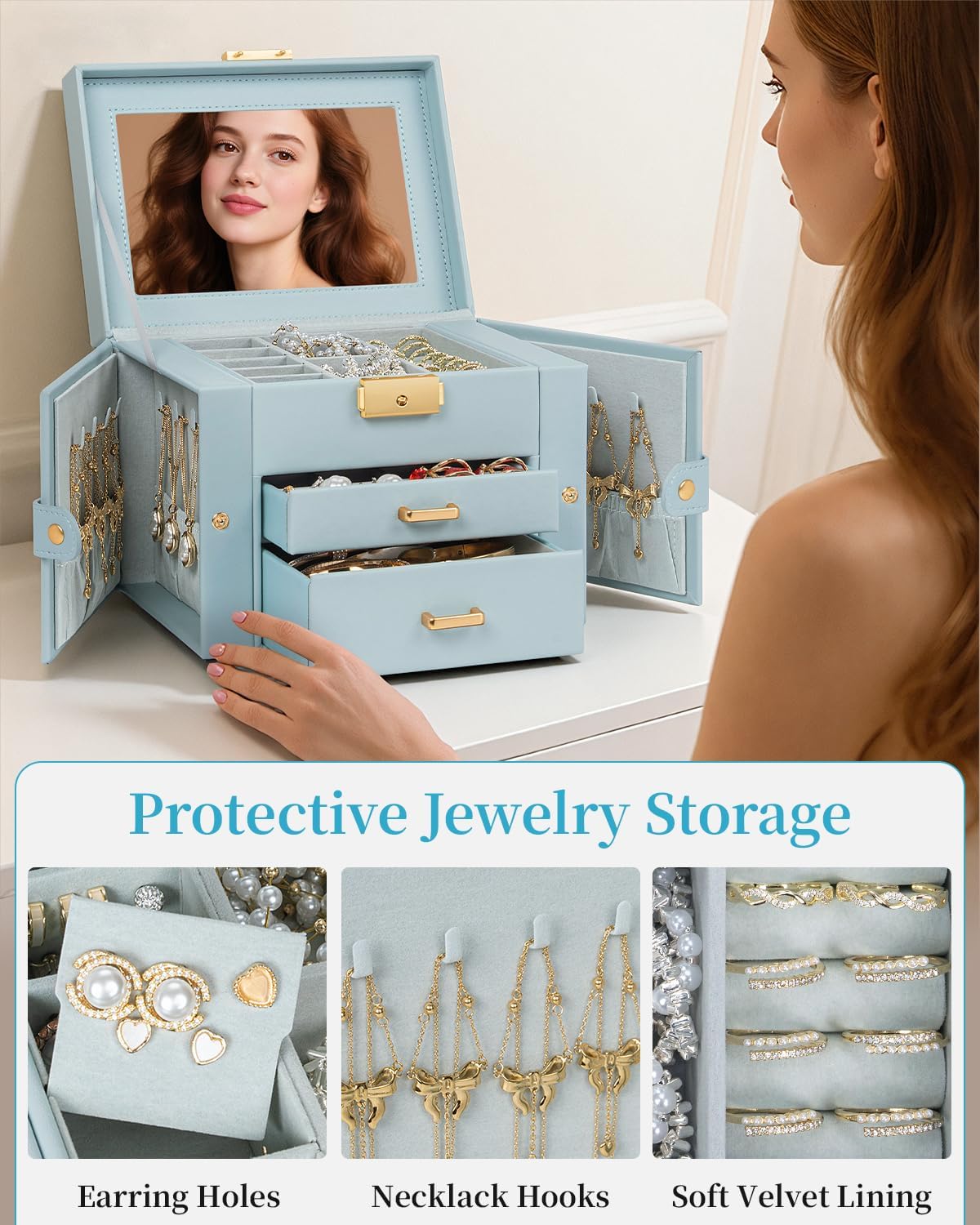 TORIBIO Jewelry Box for Women, Leather Jewelry Organizer with Mirror & Lock, 3-Tier Jewelry Storage Organizer with 2 Drawers for Girls/Women/Mothers, Necklace Earring Bracelets Holder Organizer