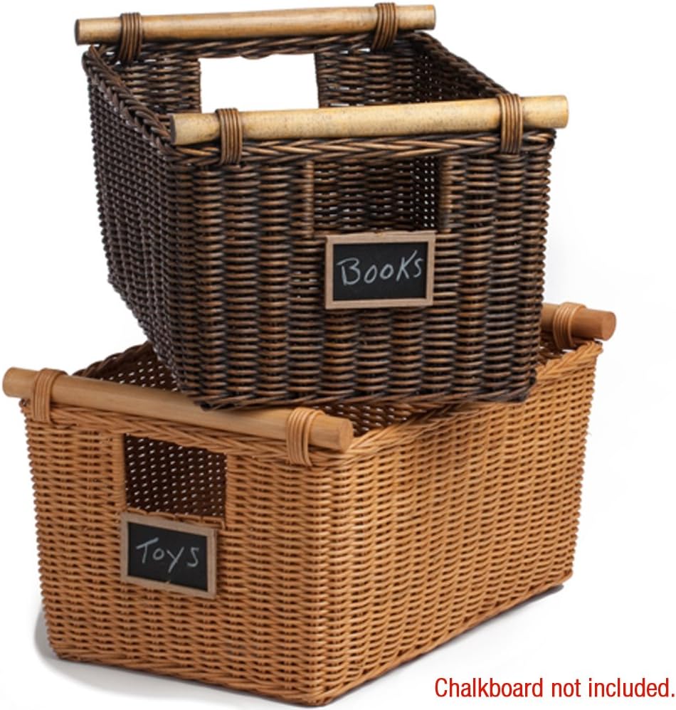 The Basket Lady Pole Handle Wicker Storage Basket, Medium, 16 in L x 12 in W x 8.25 in H, Antique Walnut Brown