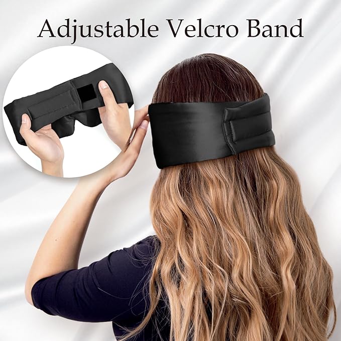 Zenssia 100% Mulberry Silk Sleep Mask Eye Mask for Man and Woman with Adjustable Headband, Full Size Large Sleep Mask & Blindfold for Total Blackout for All Night Sleep, Travel & Nap- Black