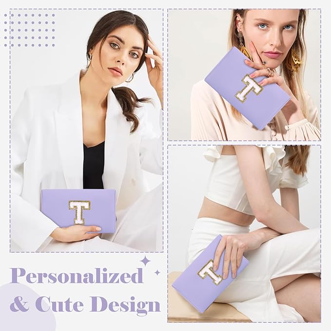 Personalized Makeup Bag Initial A-Z Preppy Patch Bag,Small PU Leather Travel Cosmetic Bag Pouch with Zipper,Purple Cute Toiletry Bag,Gift Ideal for Teen Girls Women Birthday Friend Mom,Latter T