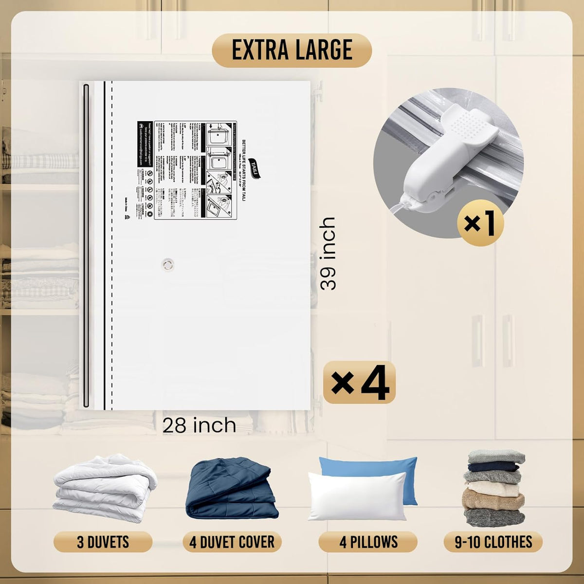 TAILI 4 Pack Vacuum Storage Bags, LONG SIDE ZIP (39x28 inch) Vacuum Seal Bags for Clothing, Jumbo Storage Space Saver for Beddings, Comforters, Blanket, Pillows and Clothes