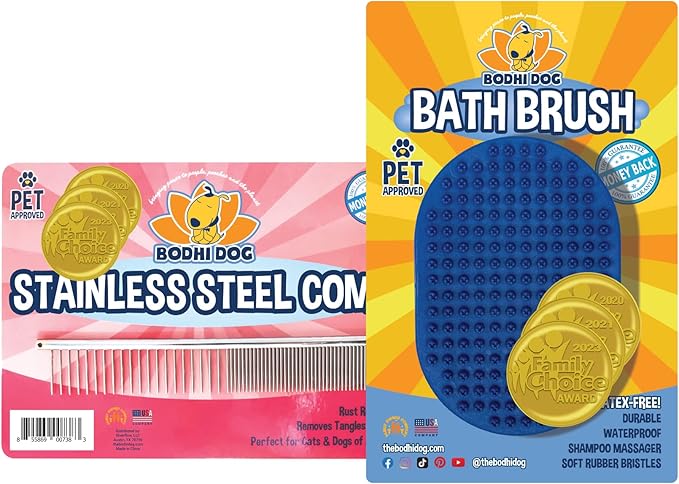 Bodhi Dog Stainless Steel Comb & Shampoo Brush - Bath & Shower Supplies for Dogs & Cats - Removes Shedding, Mats & Tangles - Pet Grooming Scrubber Bundle (Blue)