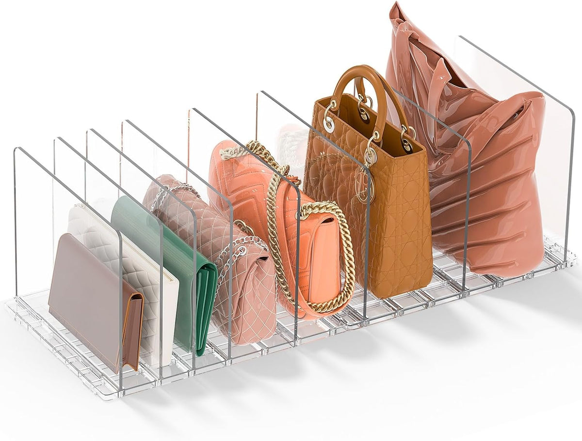 GoMaihe Bag & Purse Organizer for Closet: Adjustable Clear Handbag Storage Shelf - Plastic Clutch Dividers | Minimal | Keep Purses upright