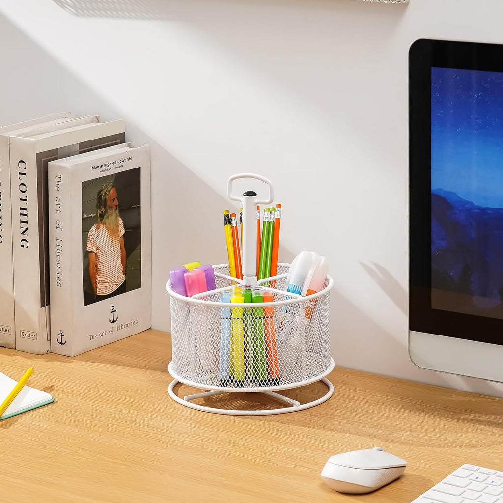 Marbrasse Mesh Desk Organizer, 360-Degree Rotating Multi-Functional Pen Holder, 4 Compartments Desktop Stationary Organizer, Home Office Art Supply Storage Box Caddy (White)