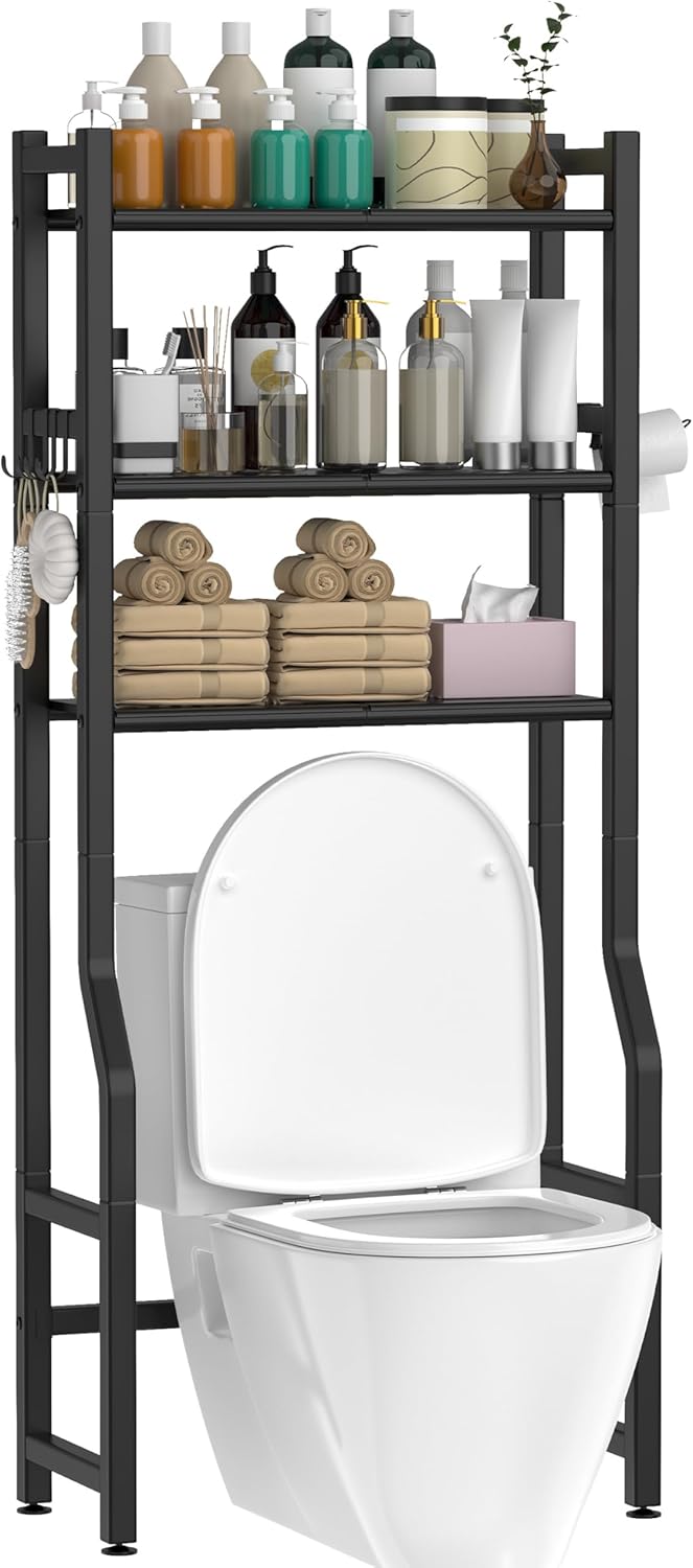 3 Tier Over The Toilet Storage Rack with Toilet Paper Holder, Metal Freestanding Bathroom Shelves with 4 Hooks, Over Toilet Storage Shelf for Bathroom Storage, Black