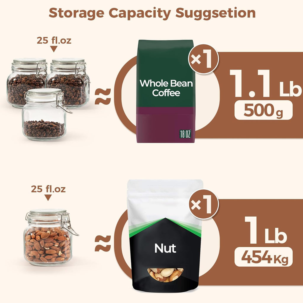 ComSaf 25oz Airtight Glass Canisters with Lids Set of 6, Square Food Storage Jar Container with Clamp Lids for Kitchen Canning Cereal Coffee Pasta Sugar Beans Spice, Clear Mason Jars with 12 Labels