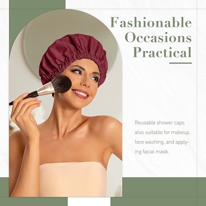 Reusable Shower Cap for Women, Large Waterproof Shower Essentials Bonnet Washable Elastic Band Bath Hair Wrap Hat for Long Hair, Braids(Burgundy)