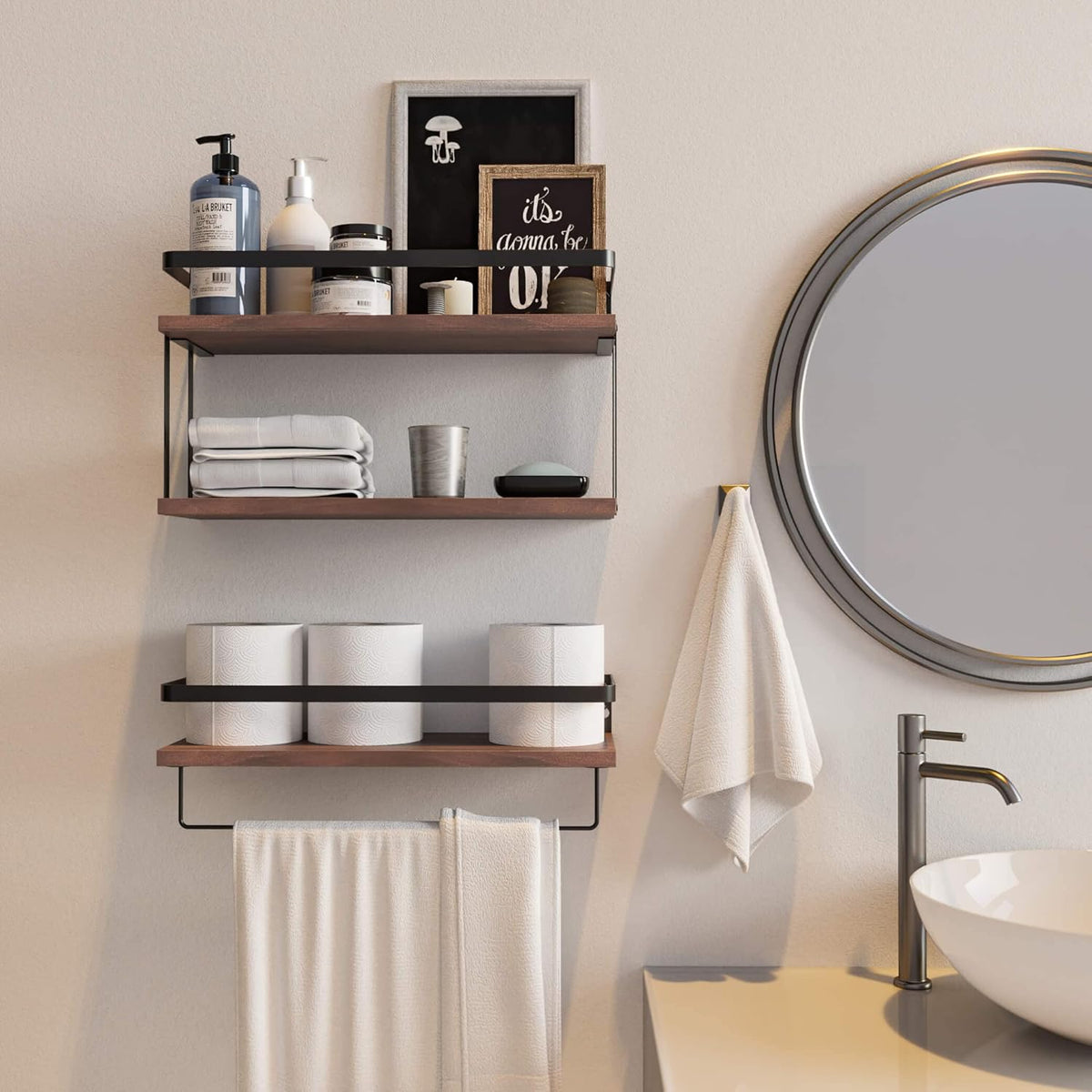RICHER HOUSE 2+1 Tier Wall Mounted Floating Shelves Set of 2, Rustic Wood Shelf with Metal Frame, Extra Storage Rack for Bathroom, Kitchen, Bedroom with Tissue Rack & Towel Bar - Rustic Brown