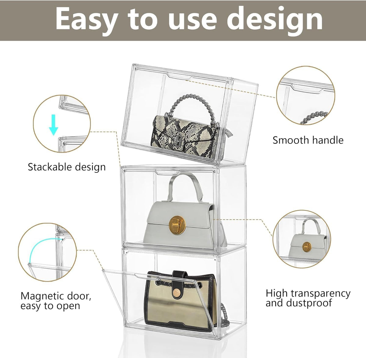 Attelite Plastic Purse and Handbag storage Organizer for Closet, Clear Acrylic Display Case with Magnetic Door for Wallet, Book, Cosmetic, Clutch Organization 3 Pcs