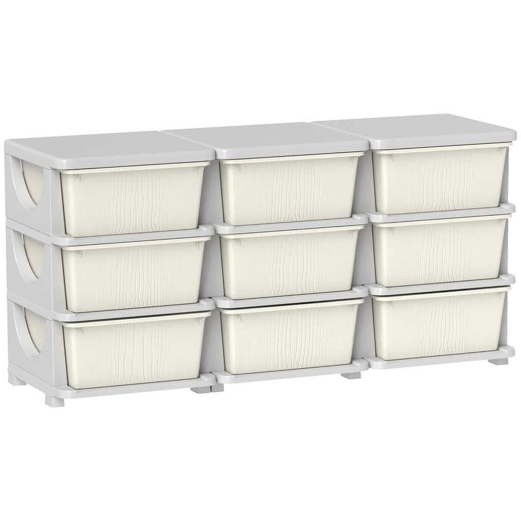 Qaba 3 Tier Kids Storage Unit, 9 Drawer Chest Toy Organizer Plastic Bins for Kids Bedroom Nursery Kindergarten Living Room for Boys Girls Toddlers, Cream White