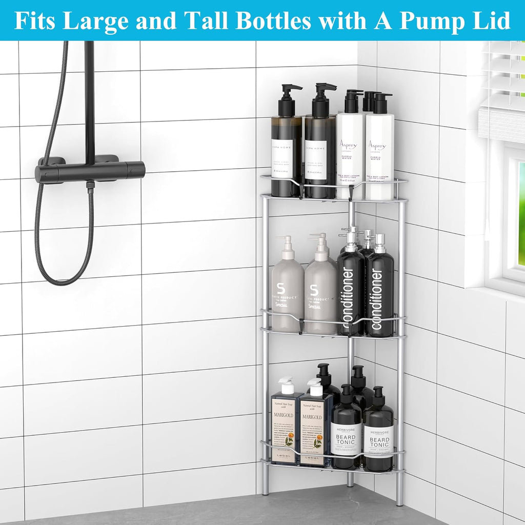 3 Tier Floor Standing Corner Shower Caddy Organizer Shelf with Hooks, Bathroom Shelves Stand Rack, Silver